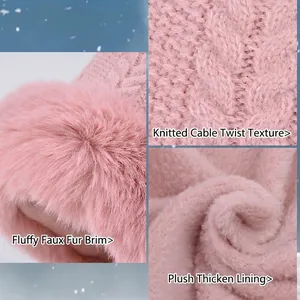 Rosafarbene Strickmütze für Damen mit flauschigem Kunstpelz und warmem Fleecefutter