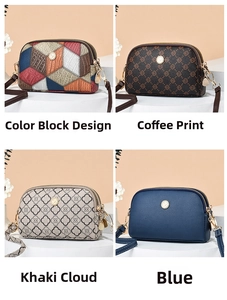 Detailed grid view of stylish crossbody shell bags in four color textures and patterns