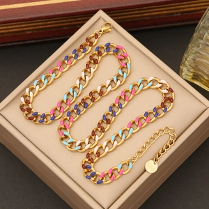 Colorful enamel link necklace in stainless steel gold finish for women's fashion jewelry