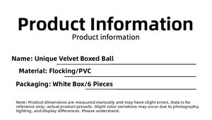 Detailed specifications for 6-piece flocked velvet Christmas ornaments in a gift box