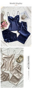 Ensembles pyjamas en satin de soie bleu marine et doré avec décolleté drapé élégant