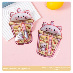 Detailed view of cute pink cat milk tea shaped resealable bags for candy and jewelry