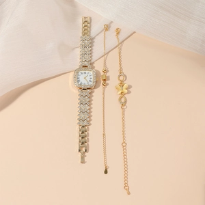 Elegant gold square watch set for women featuring rhinestone butterfly and slim bracelets