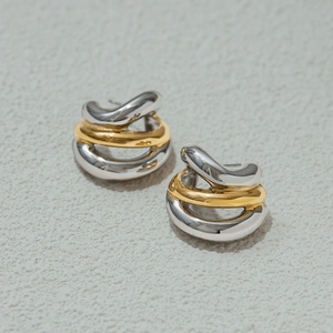 Two-tone 18K gold and silver chunky C-shaped twisted knot hoop earrings for women