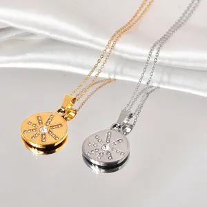 Vintage Round Sunburst Pendant Necklace Stainless Steel 18K Gold Plated Cubic Zirconia Starburst Charm Jewelry For Women