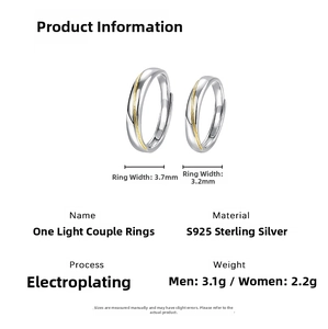 Detailed size chart showing S925 silver couple rings with width and weight specifications