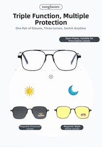 Square magnetic clip-on sunglasses set with polarized grey and yellow night vision lenses