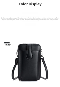 Dettaglio borsa per telefono in pelle PU nera con texture litchi e zip metallica