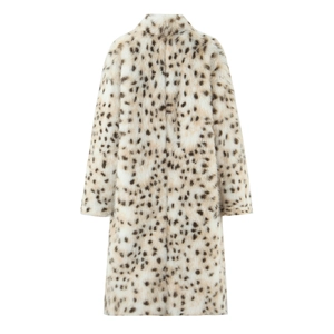 Detail view of the back of a vintage faux fur leopard print coat with plush texture