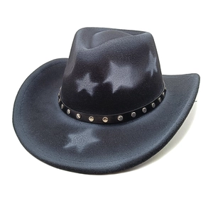 Detail of black wool cowboy hat featuring white stars and studded leather band