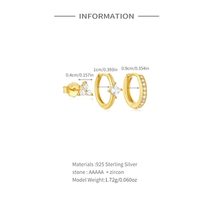 Detail of S925 sterling silver gold earring set with dimensions and zircon specs