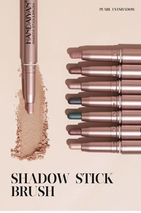 Dual-ended eyeshadow stick with shimmer texture and applicator brush in soft beige tone