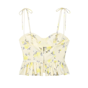 Floral yellow peplum top with tie shoulder straps and metallic back zipper closure