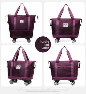 Detailed four-angle grid view of burgundy travel bag with swivel wheels and reinforced handles