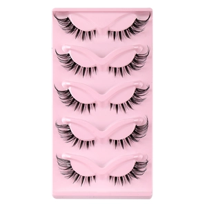 Five pairs of thick, voluminous fox-style false eyelashes on a pink tray with white background