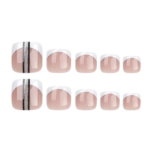 French silver glitter toe press-on nails with black stripes and nude base