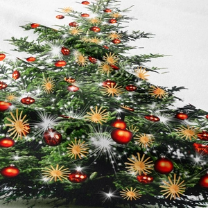 Dettaglio ravvicinato della trama del tessuto e della stampa dell'albero di Natale