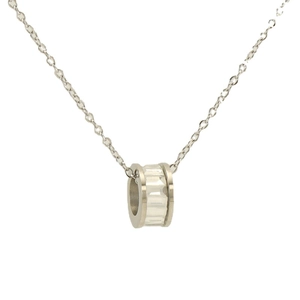 Polished silver stainless steel cylinder pendant necklace with geometric cut textures