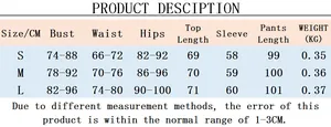 Detailed size guide table for the long sleeve bodysuit and trousers slim fit set