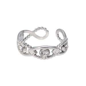 Elegant silver open ring with geometric clear cubic zirconia stones on white background