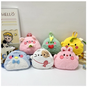 Detailed view of six animal-shaped plush coin purses with small handles for kids
