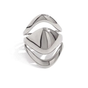 Detail view of silver stainless steel ring featuring unique multi-layer geometric 3D design
