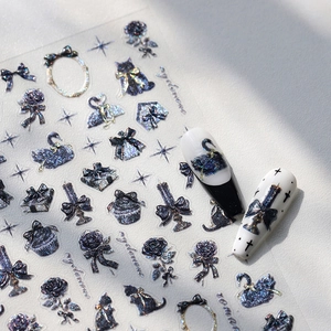 Gothic 3D nail art stickers with glitter dark blue swan, rose and butterfly patterns