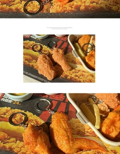 Macro shot of realistic fried chicken wing and french fries PVC food keychains