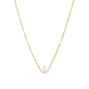 Elegant gold necklace featuring a three-petal clover pendant set with marquise-cut zircons