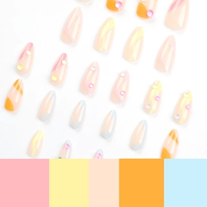 Short almond press-on nails in pastel colors with vibrant stripes and tiny rhinestones
