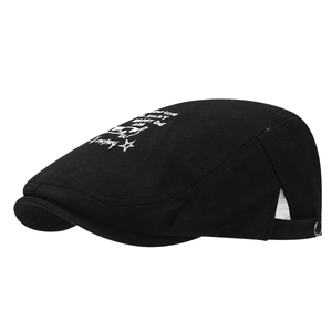 Black cotton newsboy cap with white cat embroidery and Lucky Happy Day text