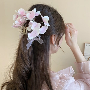 Hair Claw Clip Fabric Flower Organza Bow Elegant Gradient Pink White Sweet Headwear For Women Shark Clip