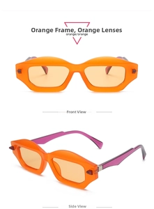 Front and side views of bold geometric sunglasses with orange frames and purple temples