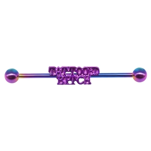 Rainbow industrial barbell ear piercing with tattooed bitch engraving in surgical steel