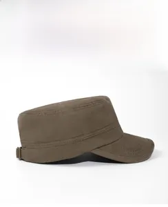 Detail of adjustable metal buckle and stitching on khaki cotton cadet flat top cap