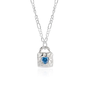 925 Sterling Silver necklace with blue heart zircon pendant and textured padlock shape