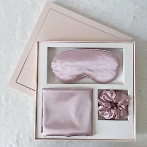 Three-piece faux silk sleep set with eye mask, pillowcase and scrunchie in pink gift box