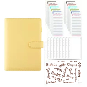 Yellow leather budget binder set with transparent PVC pockets and English labels
