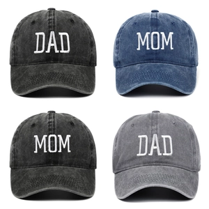 Soft washed cotton baseball caps with DAD and MOM embroidery in black, blue, and grey colors