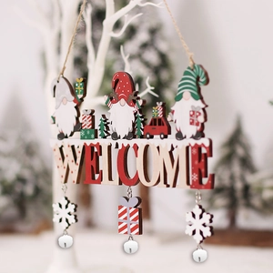 Christmas wooden welcome sign featuring forest gnomes and bells for holiday door decoration