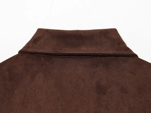 Macro detail of the brown faux suede jacket collar with reinforced double stitching