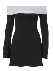 Robe moulante élégante noire et blanche à épaules dénudées et manches longues femme