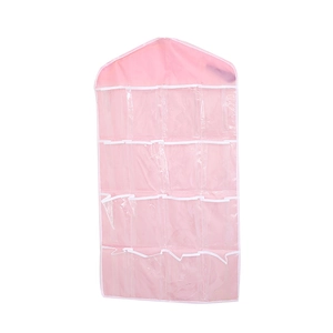 Pink hanging organizer with 16 transparent PVC pockets for closet storage and underwear