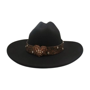 Close-up of black felt fedora hat featuring brown leather band with heart rhinestone buckle