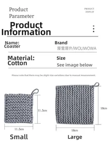 Detail view of thick grey woven cotton cord coasters with hanging loop in two sizes