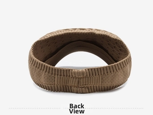 Rear view of brown knitted sun visor with ribbed edges and hollow breathable texture