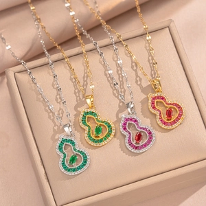 Vintage Gourd Wu Lou Pendant Necklace Gold Plated Copper Titanium Steel With Zirconia Synthetic Crystal Jewelry Women