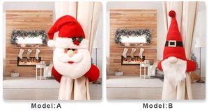 Close-up of Santa and Forest Gnome plush curtain buckles for Christmas home decoration
