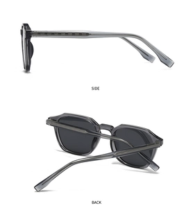 Detail view of transparent grey sunglasses showing side and back angles with metal core
