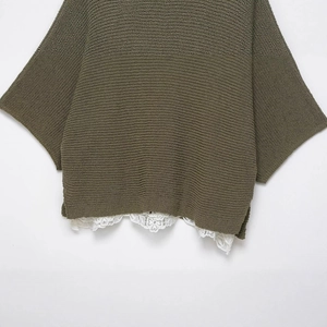 Olive green ribbed knit top with white floral lace trim at the hem for women